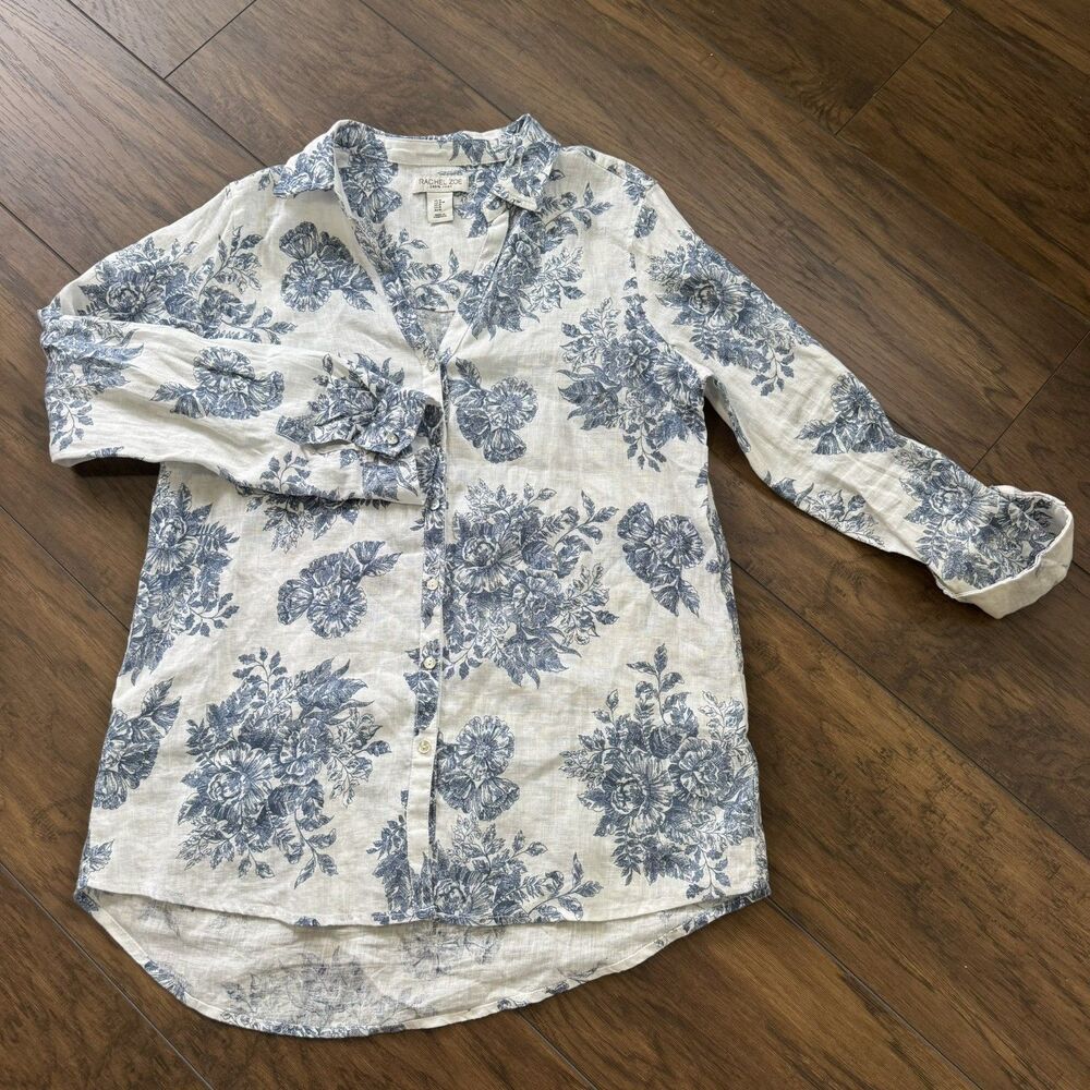 Rachel Zoe Women's M 100% Linen V-Neck Floral Tunic Resort Vacation Beach Cover